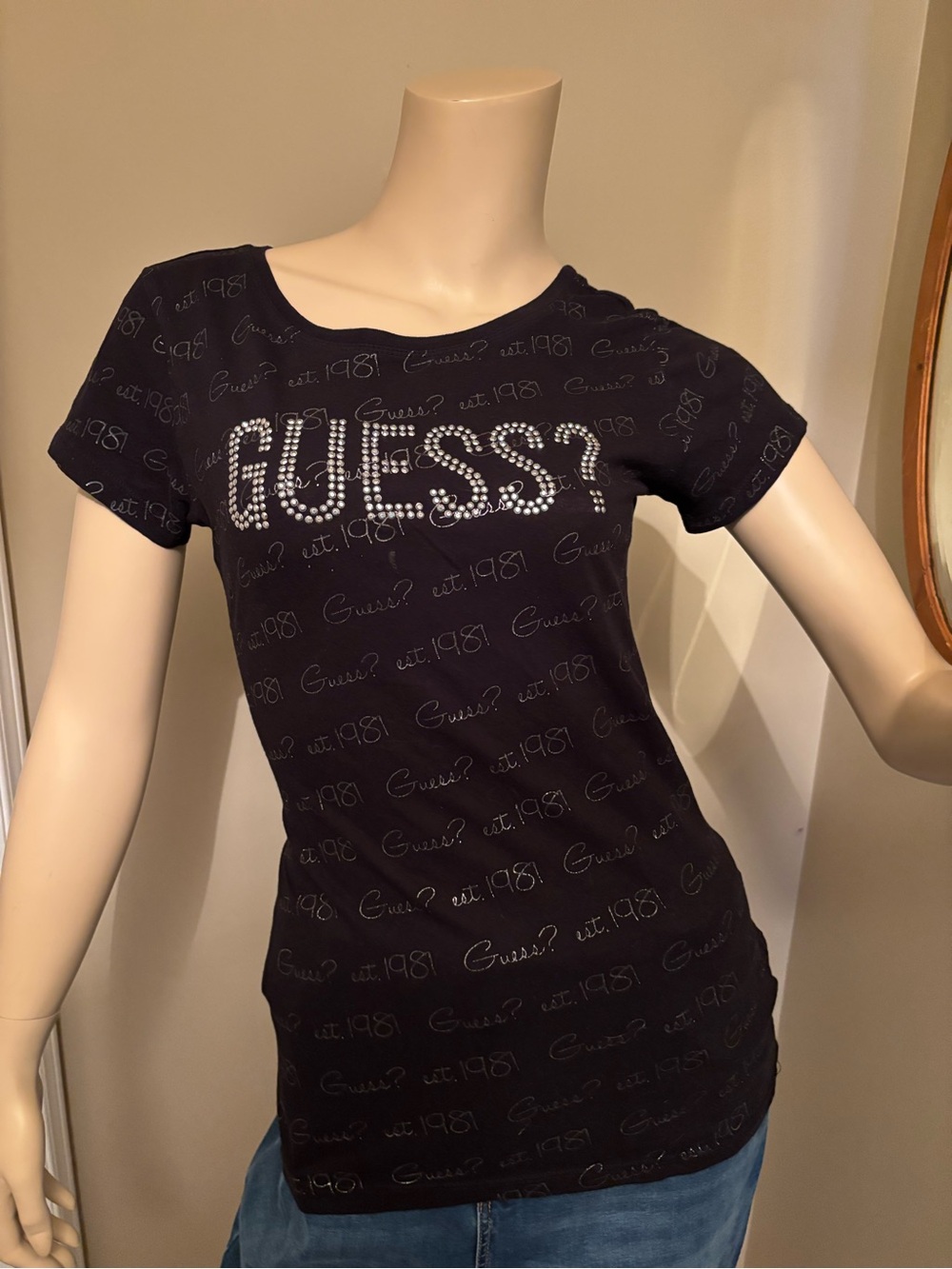 Guess Black Short-Sleeve Crystal Logo Tee
